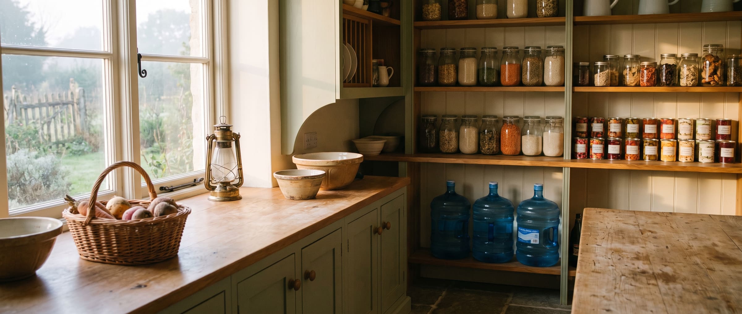 A calm farmhouse pantry with jars of food and stored water
